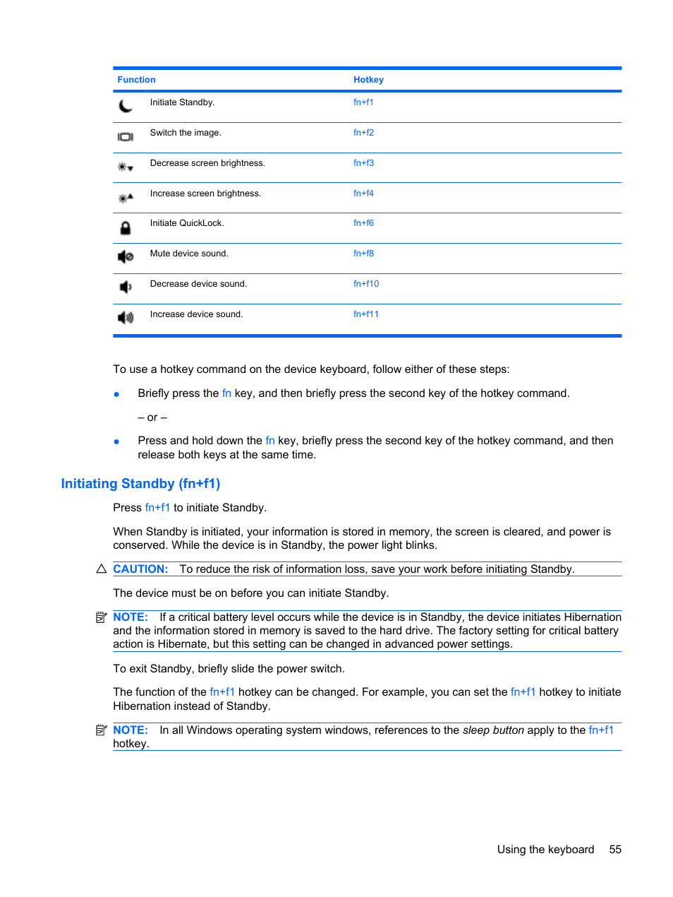 Initiating standby (fn+f1) | HP Mini 1132TU PC User Manual | Page 63 / 82