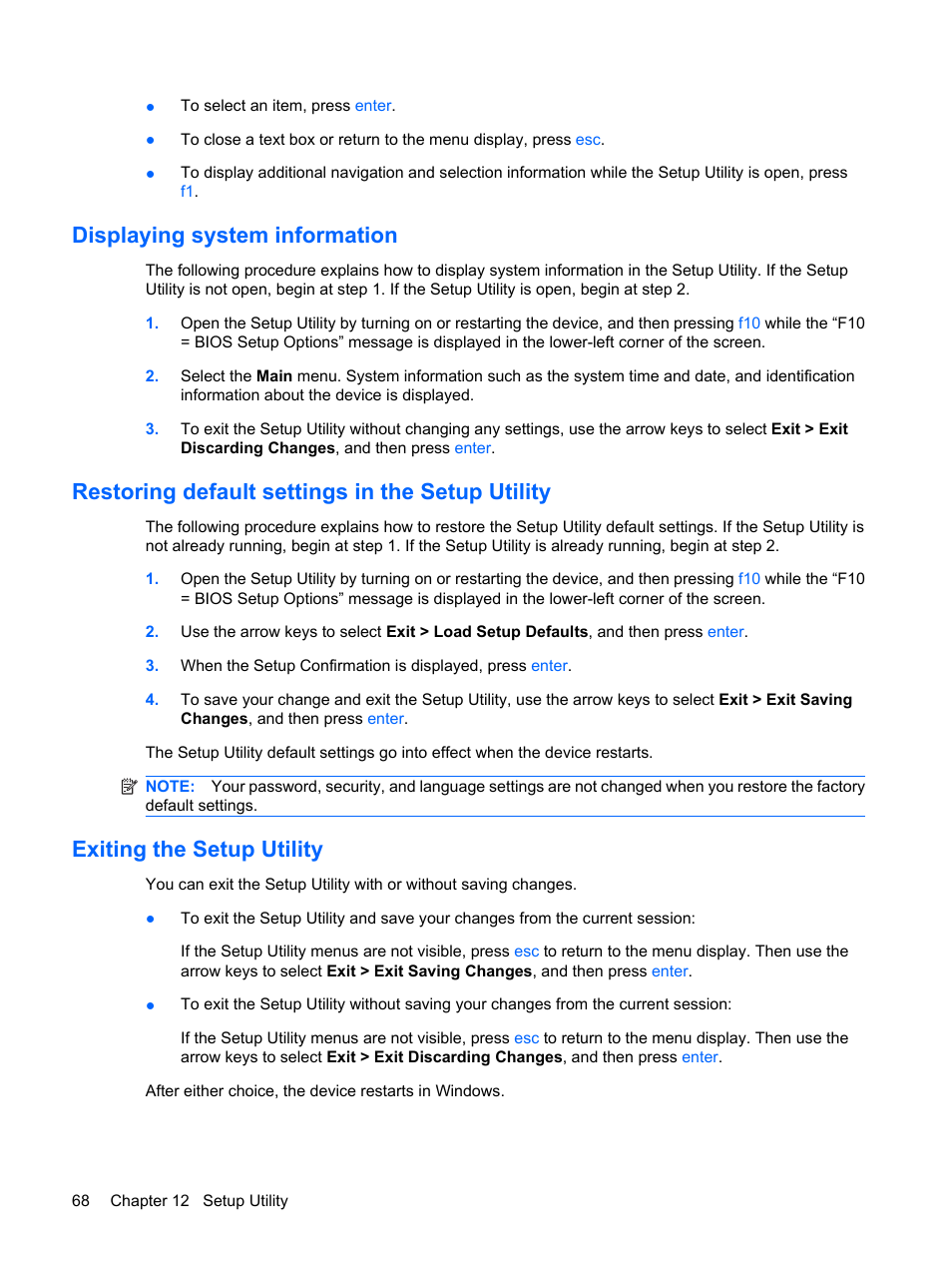 Displaying system information, Restoring default settings in the setup utility, Exiting the setup utility | HP Mini 1132TU PC User Manual | Page 76 / 82