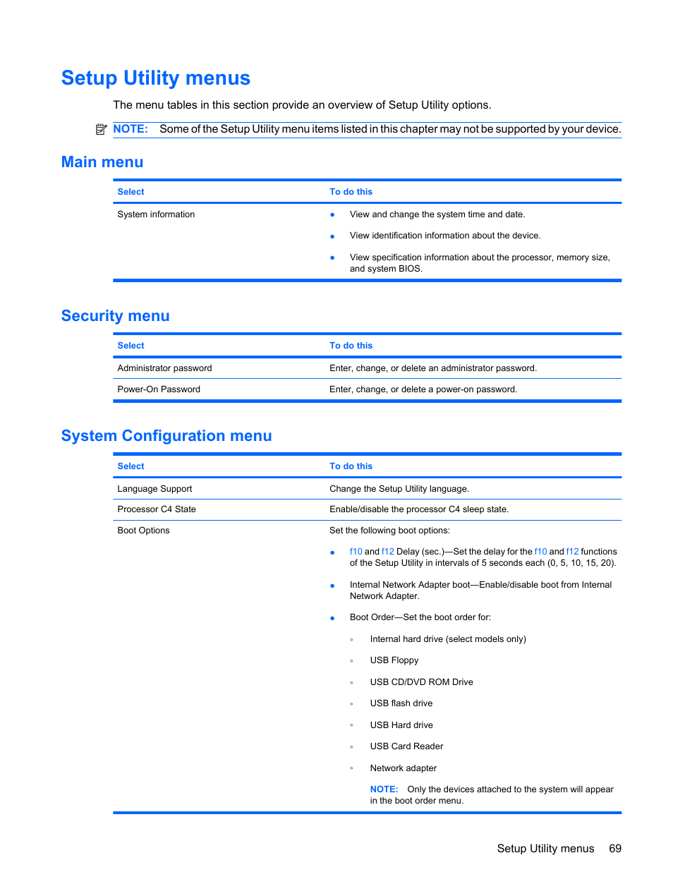 Setup utility menus, Main menu, Security menu | System configuration menu, Main menu security menu system configuration menu | HP Mini 1132TU PC User Manual | Page 77 / 82