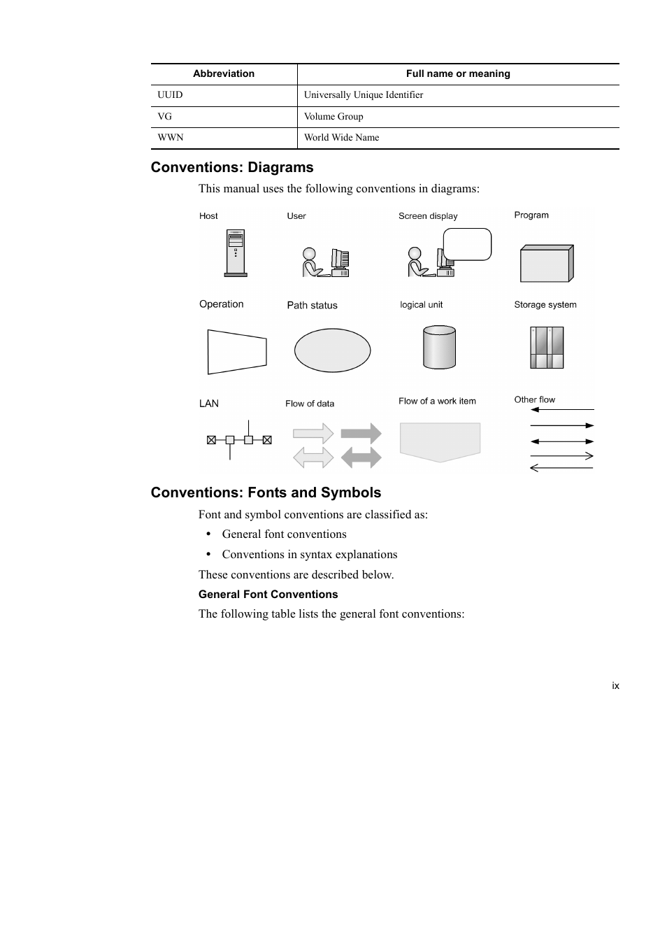 Conventions: diagrams, Conventions: fonts and symbols | HP Hitachi Dynamic Link Manager Software User Manual | Page 13 / 746