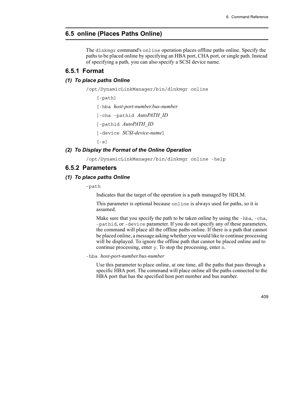 5 online (places paths online), 1 format, 2 parameters | HP Hitachi Dynamic Link Manager Software User Manual | Page 433 / 746