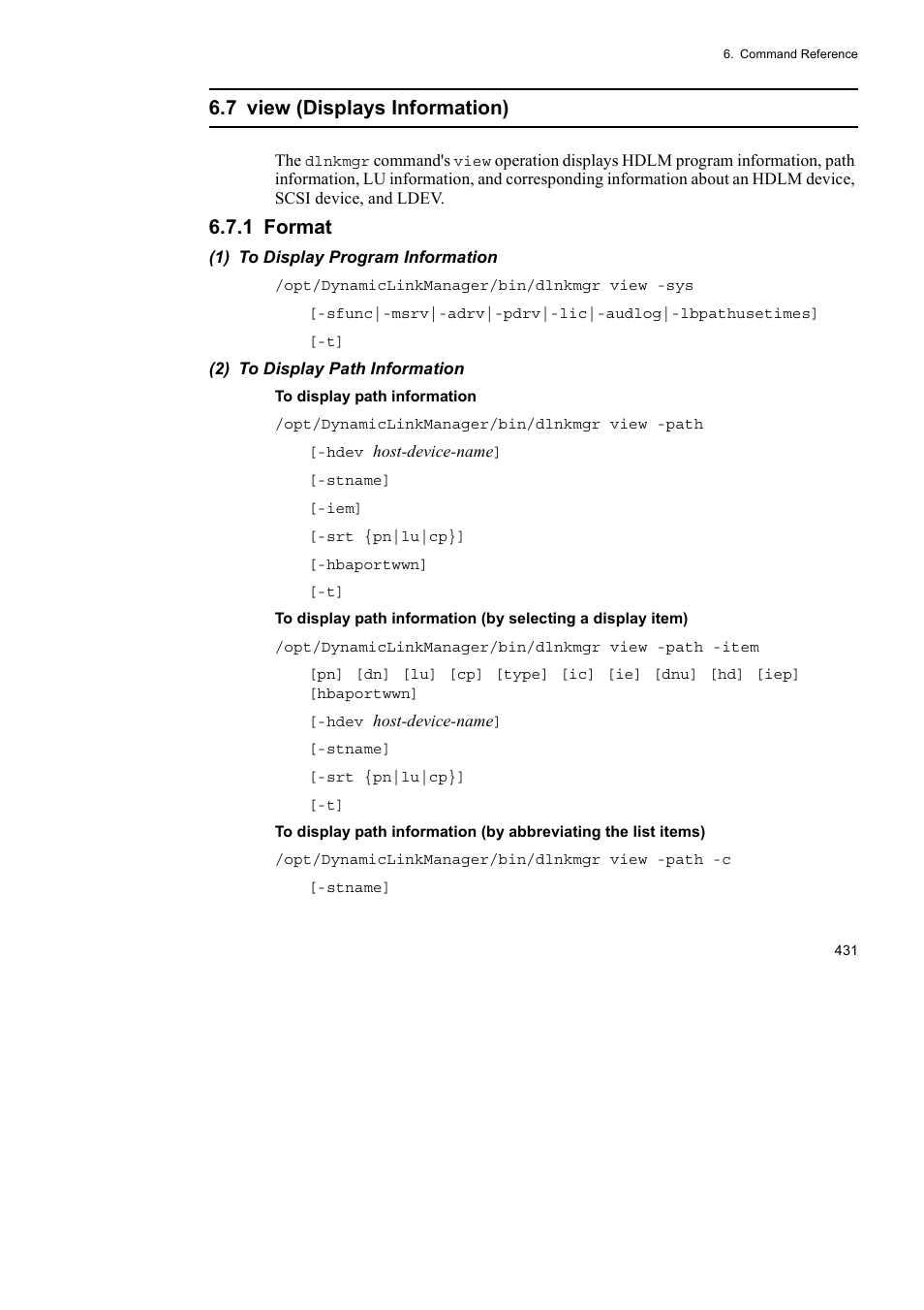 7 view (displays information), 1 format | HP Hitachi Dynamic Link Manager Software User Manual | Page 455 / 746