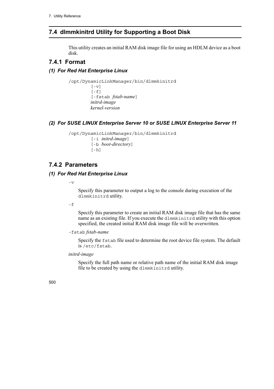 4 dlmmkinitrd utility for supporting a boot disk, 1 format, 2 parameters | HP Hitachi Dynamic Link Manager Software User Manual | Page 524 / 746