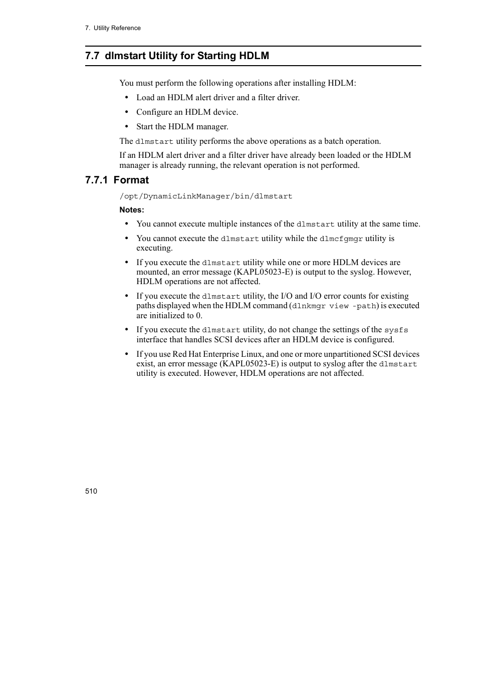 7 dlmstart utility for starting hdlm, 1 format | HP Hitachi Dynamic Link Manager Software User Manual | Page 534 / 746