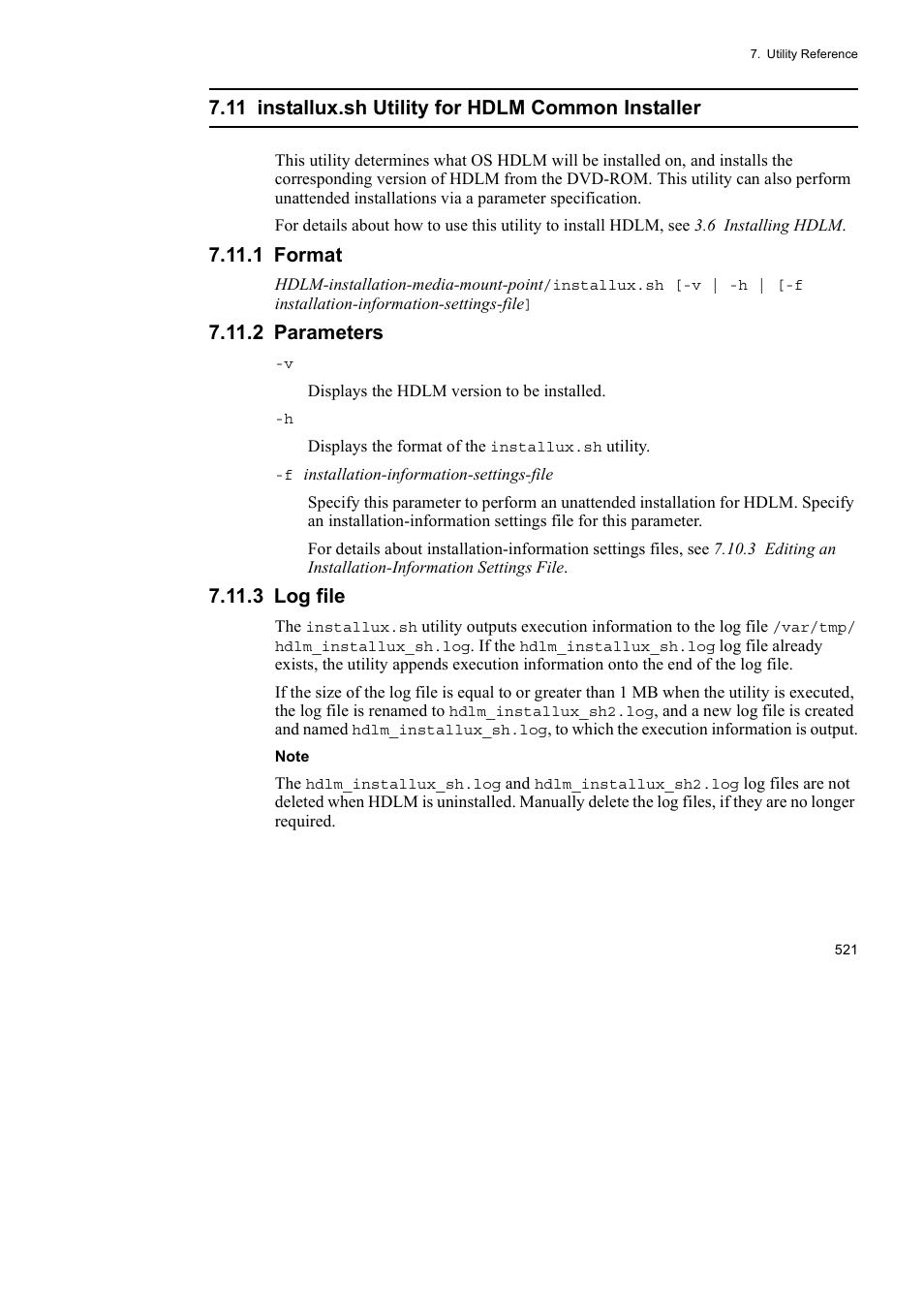 11 installux.sh utility for hdlm common installer, 1 format, 2 parameters | 3 log file | HP Hitachi Dynamic Link Manager Software User Manual | Page 545 / 746