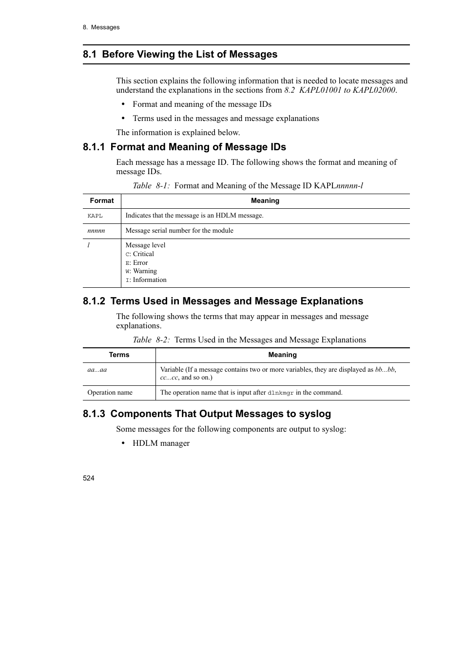 1 before viewing the list of messages, 1 format and meaning of message ids, 2 terms used in messages and message explanations | 3 components that output messages to syslog | HP Hitachi Dynamic Link Manager Software User Manual | Page 548 / 746