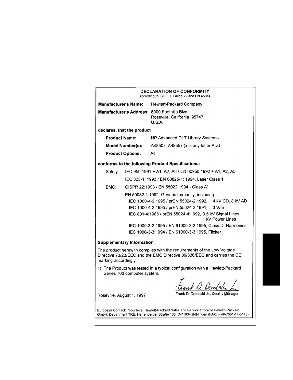 Ec declaration of conformity | HP Surestore 2.28 Tape Library User Manual | Page 103 / 110