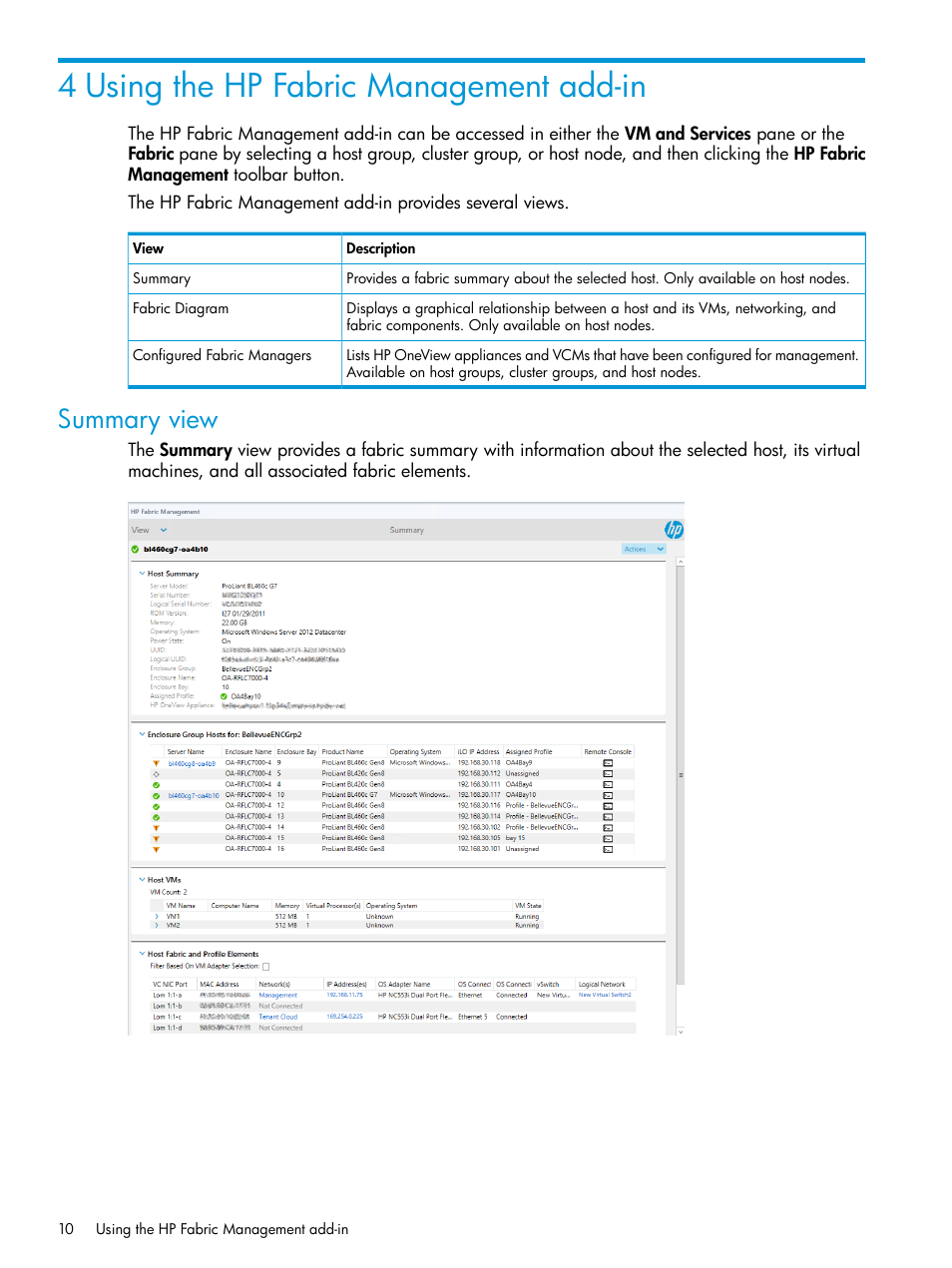 4 using the hp fabric management add-in, Summary view | HP OneView for Microsoft System Center User Manual | Page 10 / 29