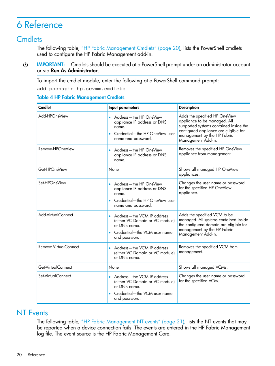 6 reference, Cmdlets, Nt events | Cmdlets nt events | HP OneView for Microsoft System Center User Manual | Page 20 / 29