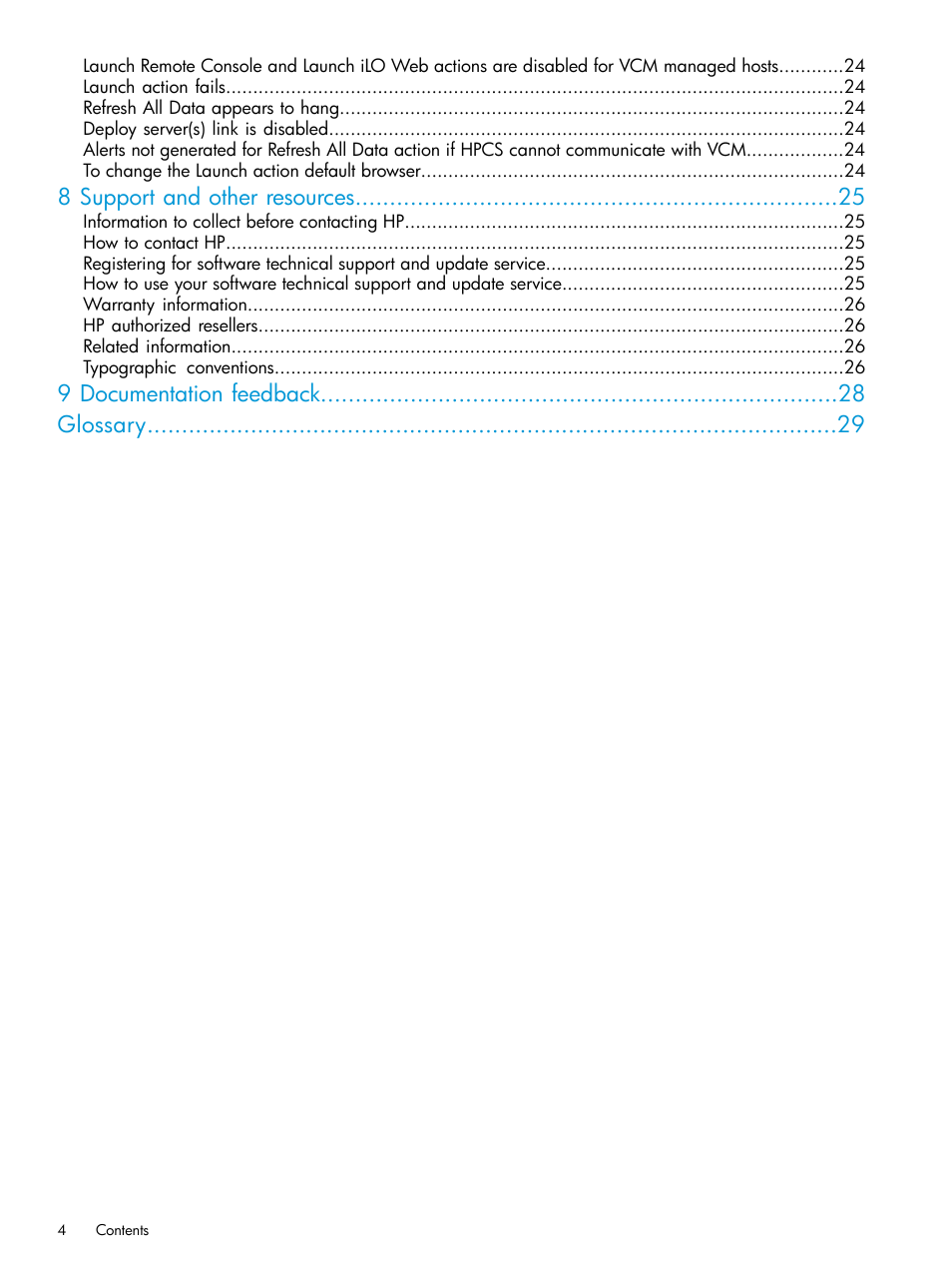 8 support and other resources, 9 documentation feedback glossary | HP OneView for Microsoft System Center User Manual | Page 4 / 29