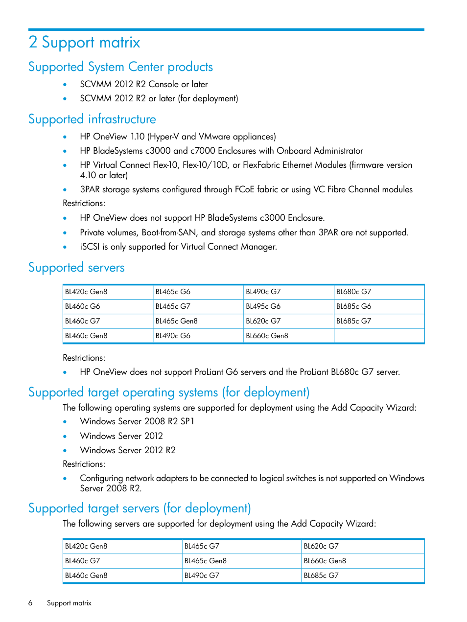 2 support matrix, Supported system center products, Supported infrastructure | Supported servers, Supported target servers (for deployment) | HP OneView for Microsoft System Center User Manual | Page 6 / 29