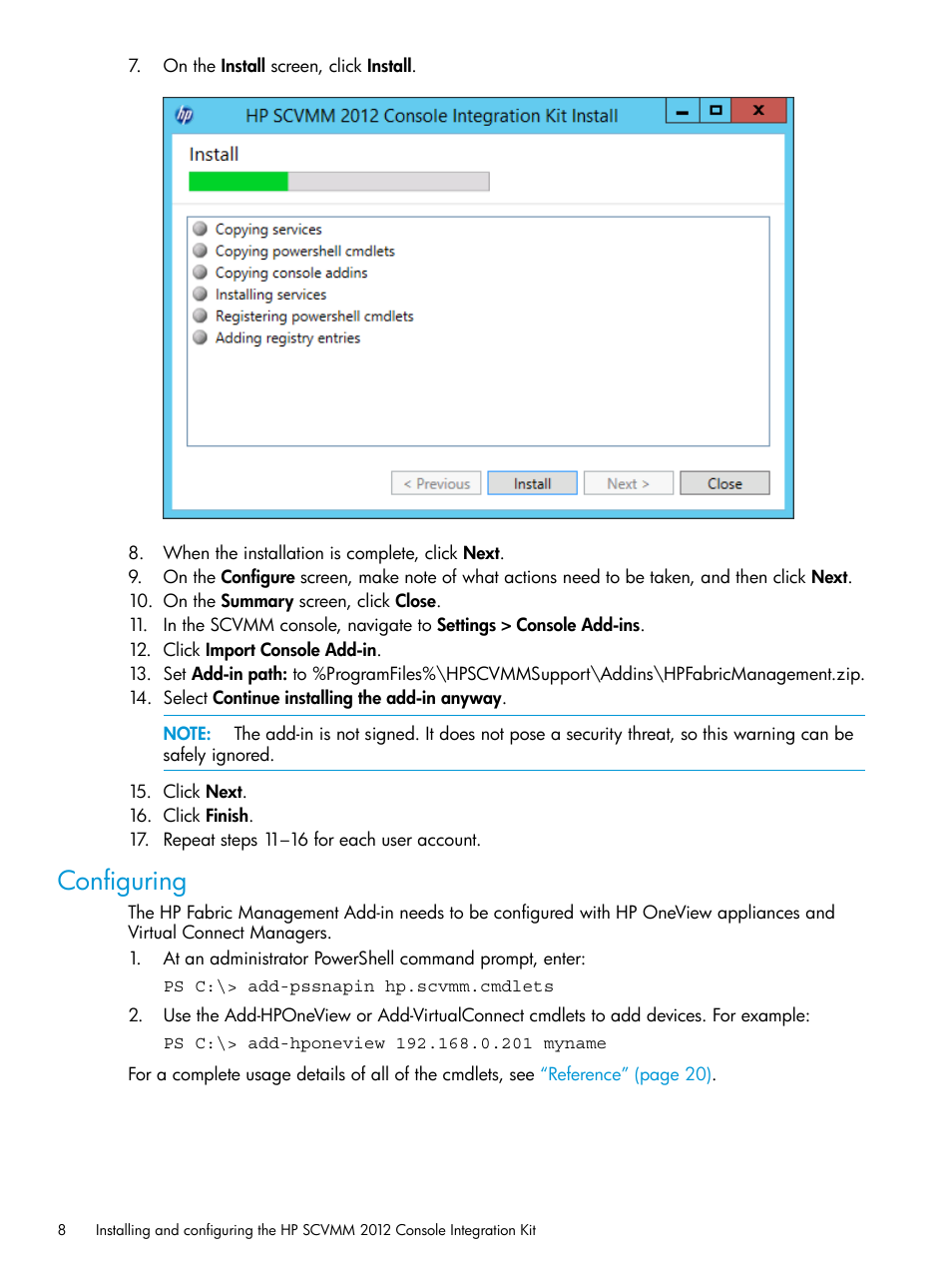 Configuring | HP OneView for Microsoft System Center User Manual | Page 8 / 29