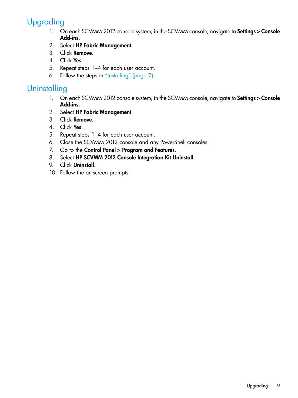 Upgrading, Uninstalling, Upgrading uninstalling | HP OneView for Microsoft System Center User Manual | Page 9 / 29