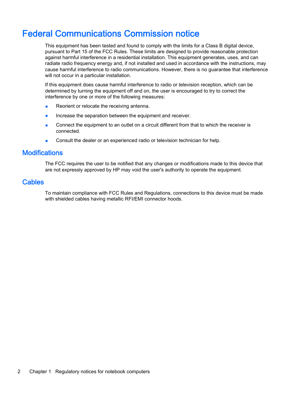 Federal communications commission notice, Modifications, Cables | Modifications cables | HP 18-5021 All-in-One Desktop PC User Manual | Page 10 / 61