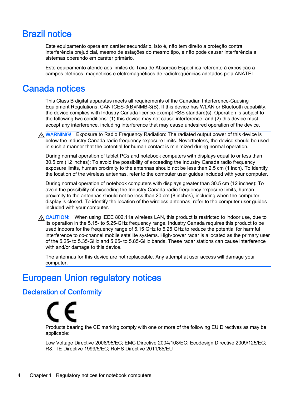 Brazil notice, Canada notices, European union regulatory notices | Declaration of conformity | HP 18-5021 All-in-One Desktop PC User Manual | Page 12 / 61