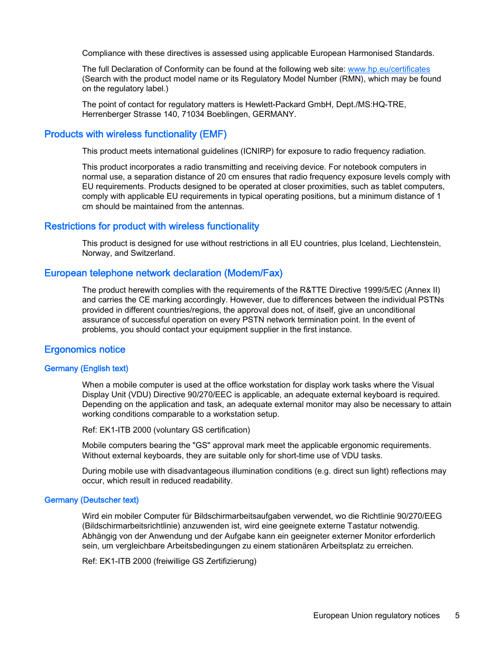 Products with wireless functionality (emf), European telephone network declaration (modem/fax), Ergonomics notice | Germany (english text), Germany (deutscher text), Germany (english text) germany (deutscher text) | HP 18-5021 All-in-One Desktop PC User Manual | Page 13 / 61