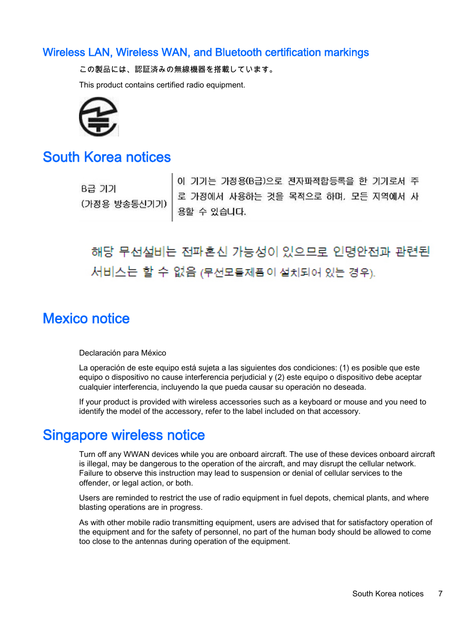 South korea notices, Mexico notice, Singapore wireless notice | South korea notices mexico notice | HP 18-5021 All-in-One Desktop PC User Manual | Page 15 / 61