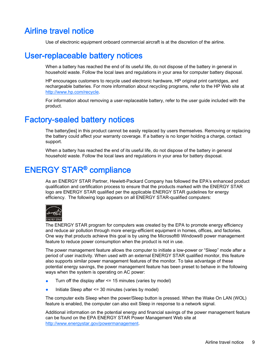 Airline travel notice, User-replaceable battery notices, Factory-sealed battery notices | Energy star® compliance, Energy star, Compliance | HP 18-5021 All-in-One Desktop PC User Manual | Page 17 / 61