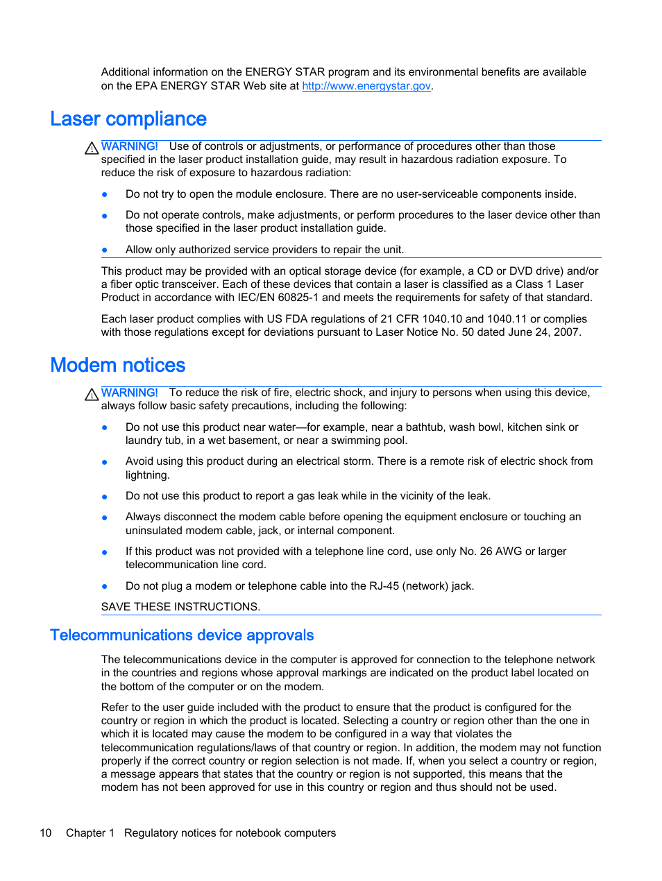 Laser compliance, Modem notices, Telecommunications device approvals | Laser compliance modem notices | HP 18-5021 All-in-One Desktop PC User Manual | Page 18 / 61