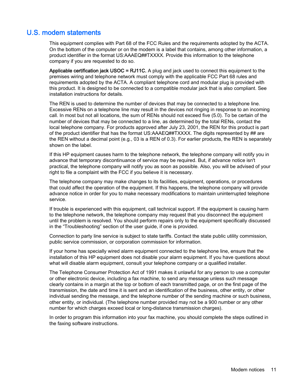 U.s. modem statements | HP 18-5021 All-in-One Desktop PC User Manual | Page 19 / 61