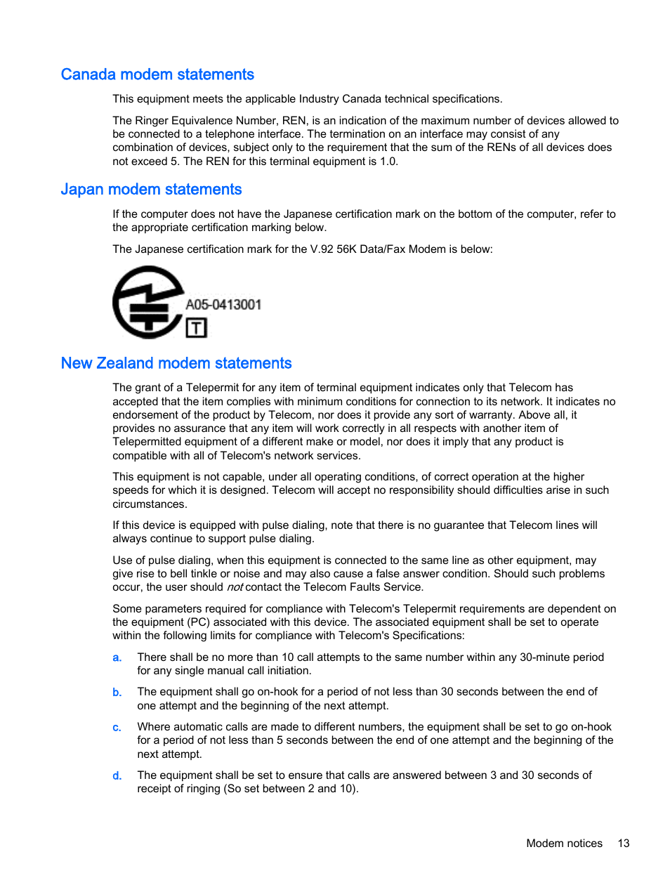 Canada modem statements, Japan modem statements, New zealand modem statements | HP 18-5021 All-in-One Desktop PC User Manual | Page 21 / 61