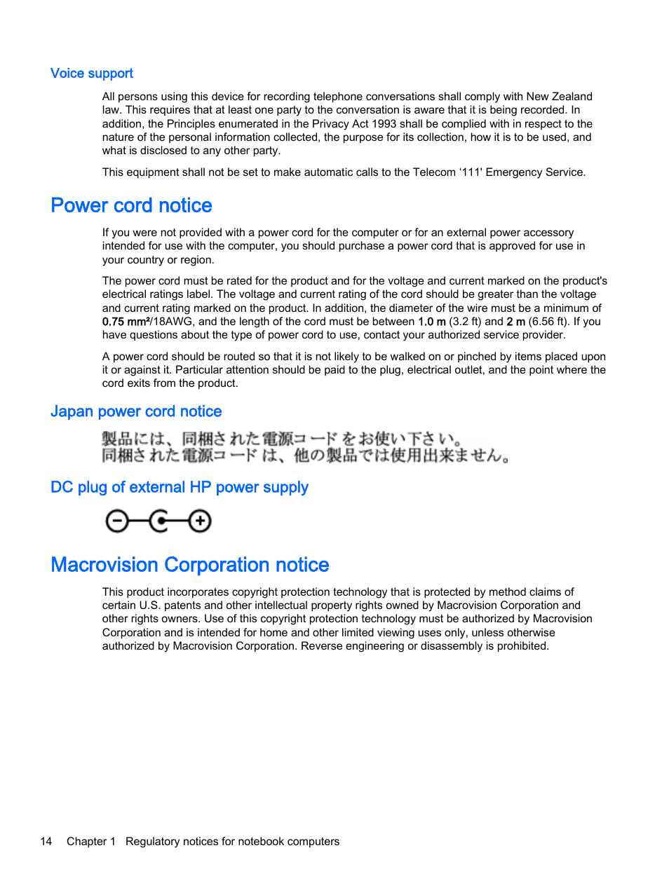 Voice support, Power cord notice, Japan power cord notice | Dc plug of external hp power supply, Macrovision corporation notice | HP 18-5021 All-in-One Desktop PC User Manual | Page 22 / 61