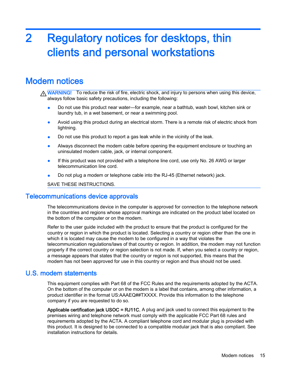 Modem notices, Telecommunications device approvals, U.s. modem statements | HP 18-5021 All-in-One Desktop PC User Manual | Page 23 / 61