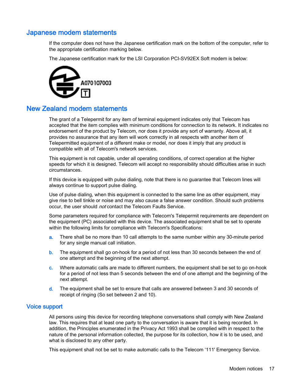 Japanese modem statements, New zealand modem statements, Voice support | HP 18-5021 All-in-One Desktop PC User Manual | Page 25 / 61