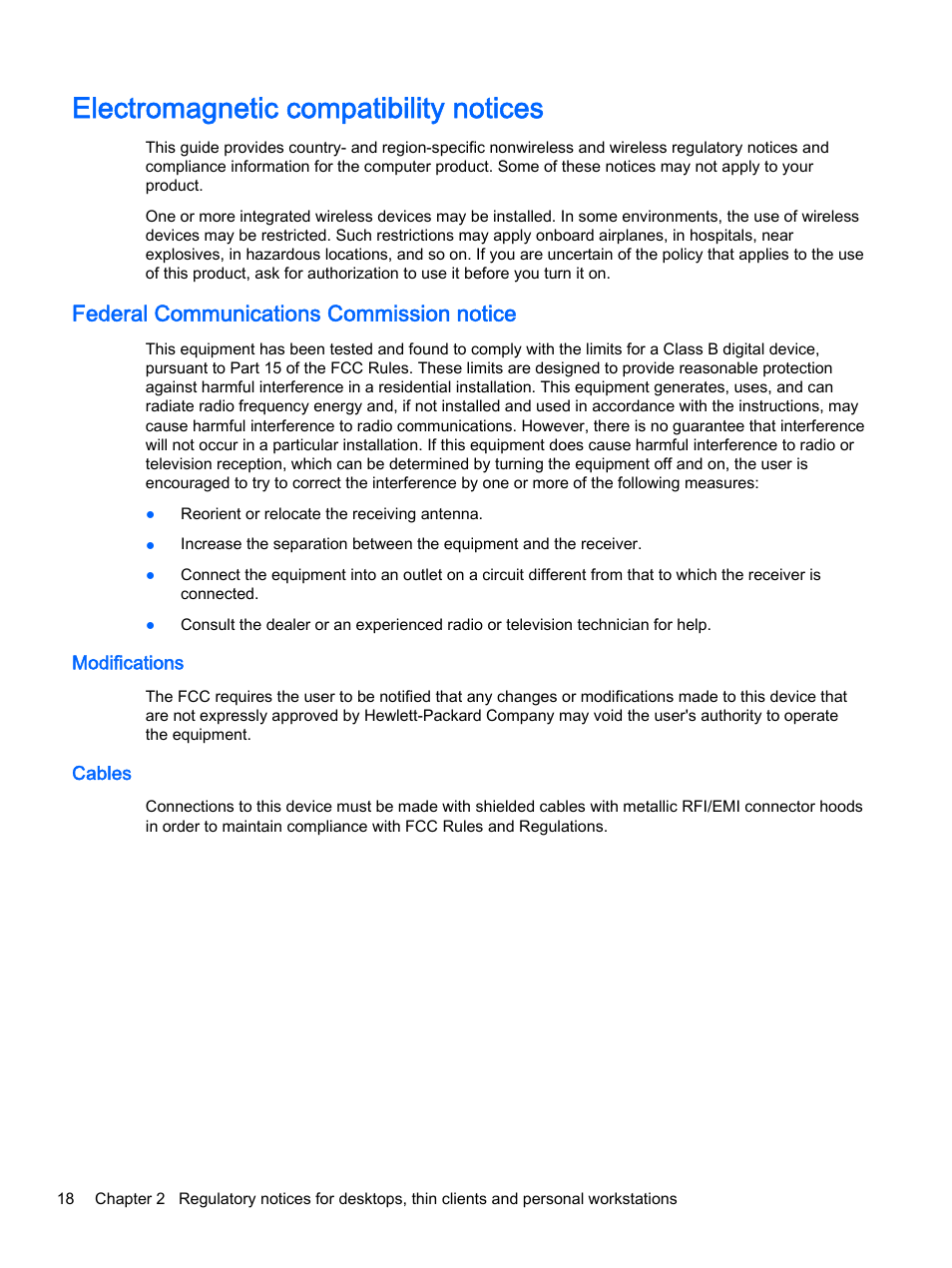 Electromagnetic compatibility notices, Federal communications commission notice, Modifications | Cables, Modifications cables | HP 18-5021 All-in-One Desktop PC User Manual | Page 26 / 61