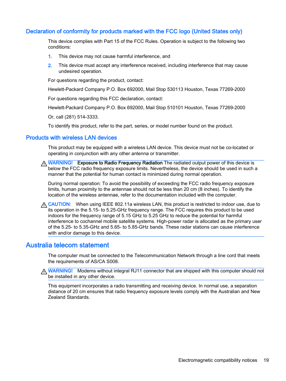 Products with wireless lan devices, Australia telecom statement | HP 18-5021 All-in-One Desktop PC User Manual | Page 27 / 61