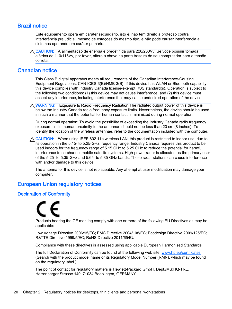 Brazil notice, Canadian notice, European union regulatory notices | Declaration of conformity | HP 18-5021 All-in-One Desktop PC User Manual | Page 28 / 61