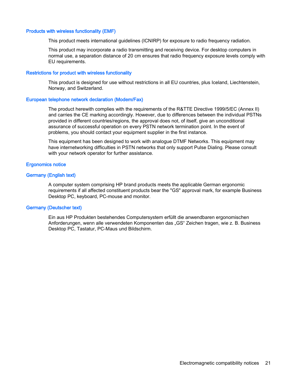 Products with wireless functionality (emf), European telephone network declaration (modem/fax), Ergonomics notice | Germany (english text), Germany (deutscher text) | HP 18-5021 All-in-One Desktop PC User Manual | Page 29 / 61