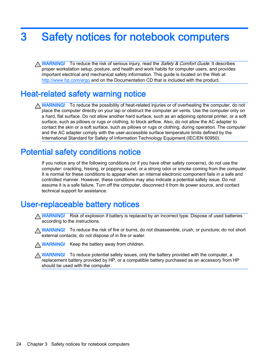 Safety notices for notebook computers, Heat-related safety warning notice, Potential safety conditions notice | User-replaceable battery notices, 3 safety notices for notebook computers | HP 18-5021 All-in-One Desktop PC User Manual | Page 32 / 61