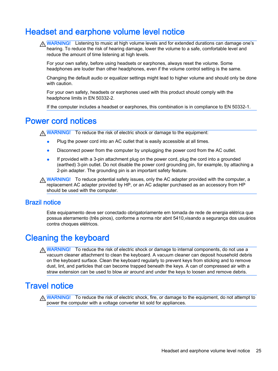 Headset and earphone volume level notice, Power cord notices, Brazil notice | Cleaning the keyboard, Travel notice, Cleaning the keyboard travel notice | HP 18-5021 All-in-One Desktop PC User Manual | Page 33 / 61