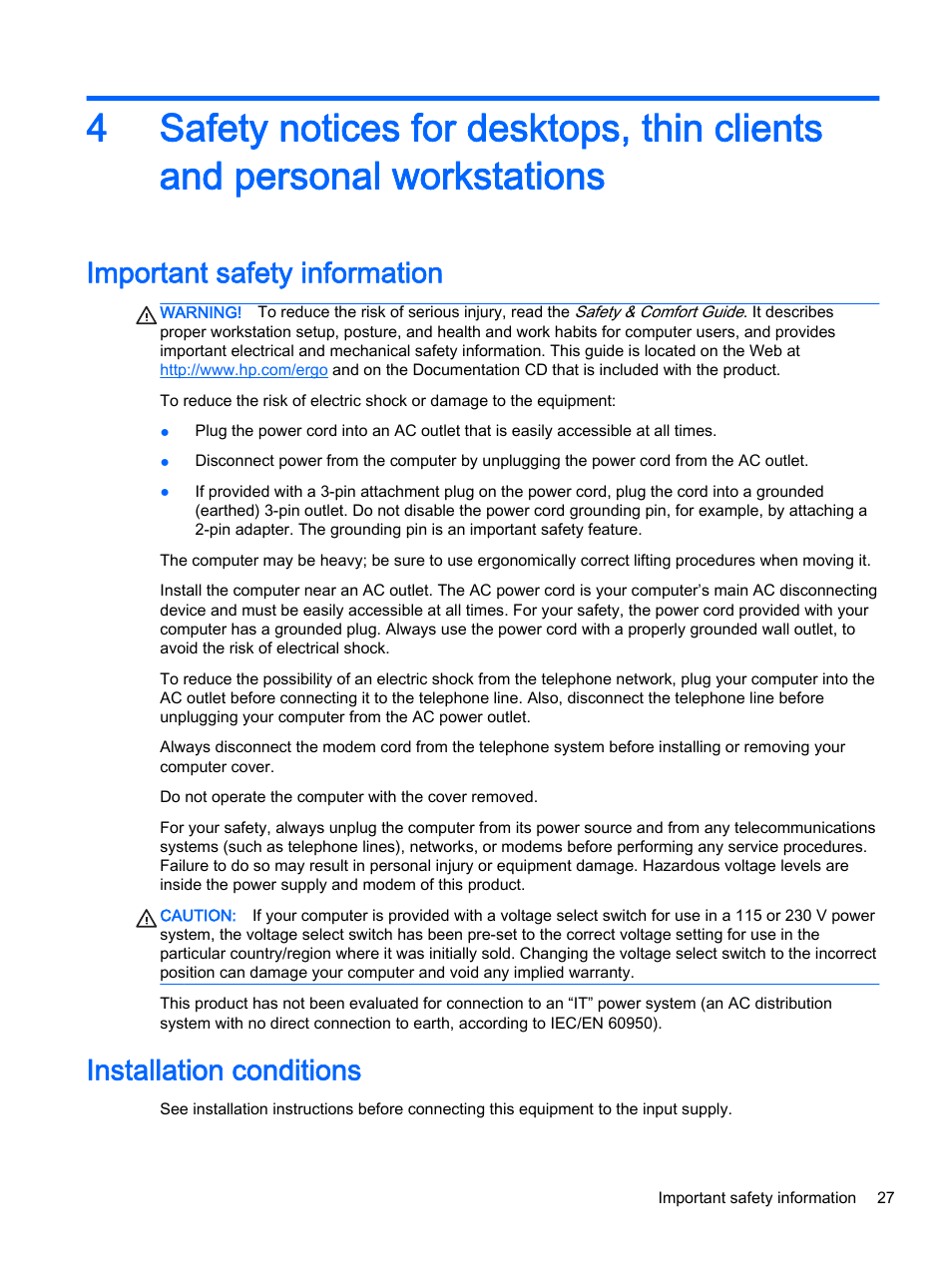 Important safety information, Installation conditions | HP 18-5021 All-in-One Desktop PC User Manual | Page 35 / 61