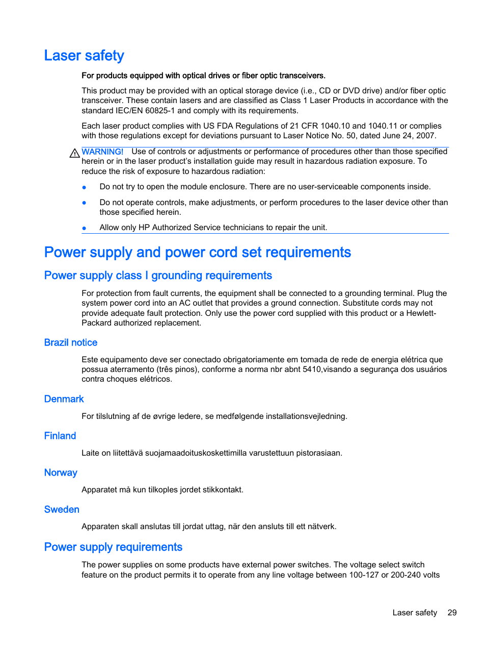 Laser safety, Power supply and power cord set requirements, Power supply class i grounding requirements | Brazil notice, Denmark, Finland, Norway, Sweden, Power supply requirements, Brazil notice denmark finland norway sweden | HP 18-5021 All-in-One Desktop PC User Manual | Page 37 / 61