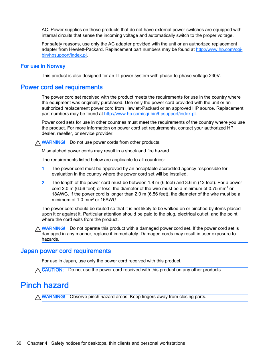 For use in norway, Power cord set requirements, Japan power cord requirements | Pinch hazard | HP 18-5021 All-in-One Desktop PC User Manual | Page 38 / 61