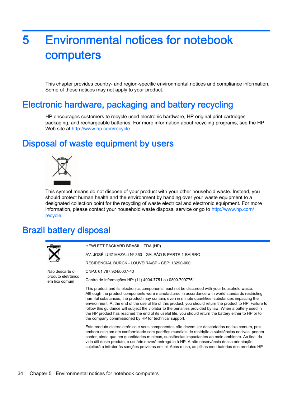 Environmental notices for notebook computers, Disposal of waste equipment by users, Brazil battery disposal | 5 environmental notices for notebook computers | HP 18-5021 All-in-One Desktop PC User Manual | Page 42 / 61