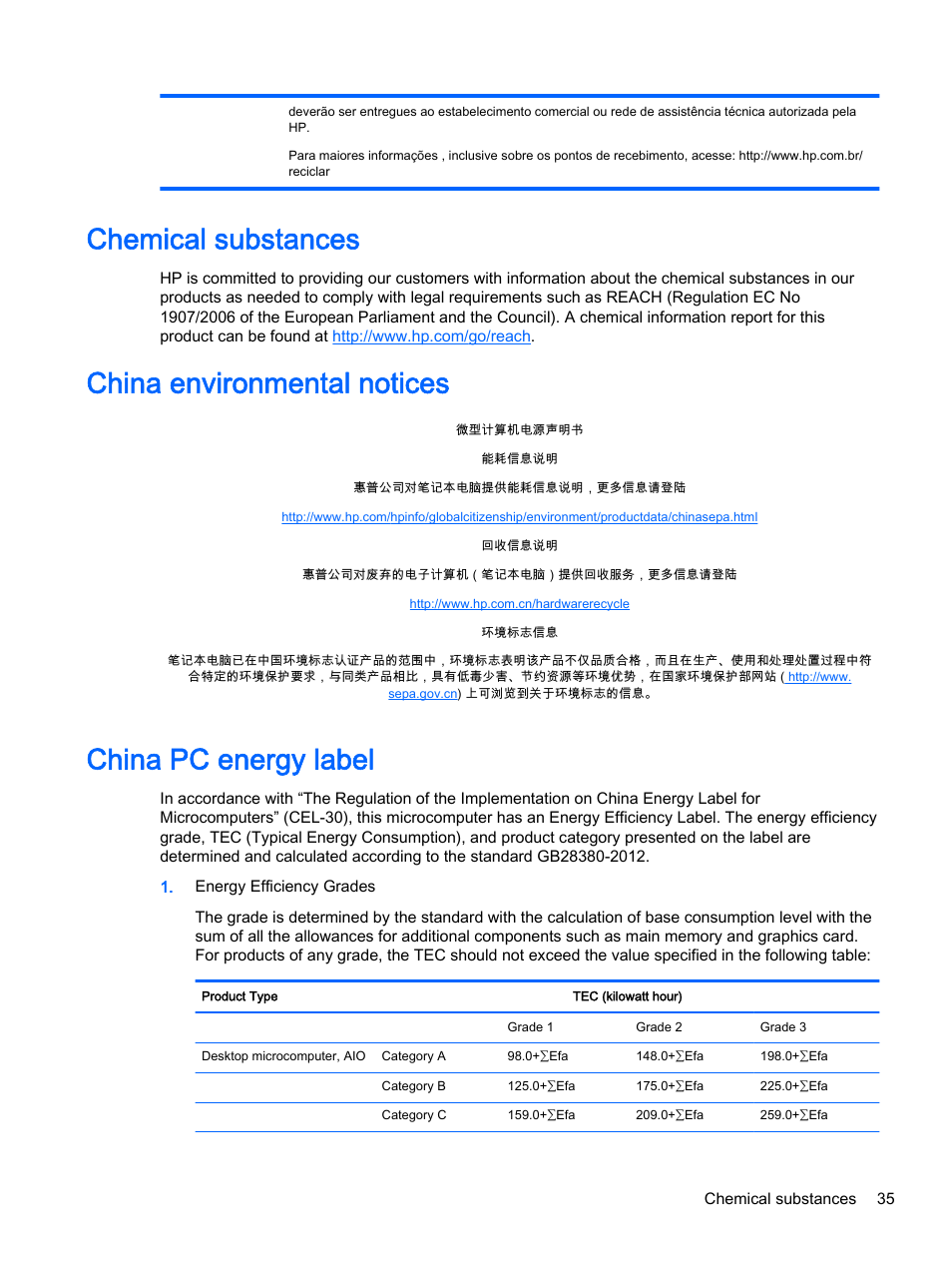 Chemical substances, China environmental notices, China pc energy label | HP 18-5021 All-in-One Desktop PC User Manual | Page 43 / 61