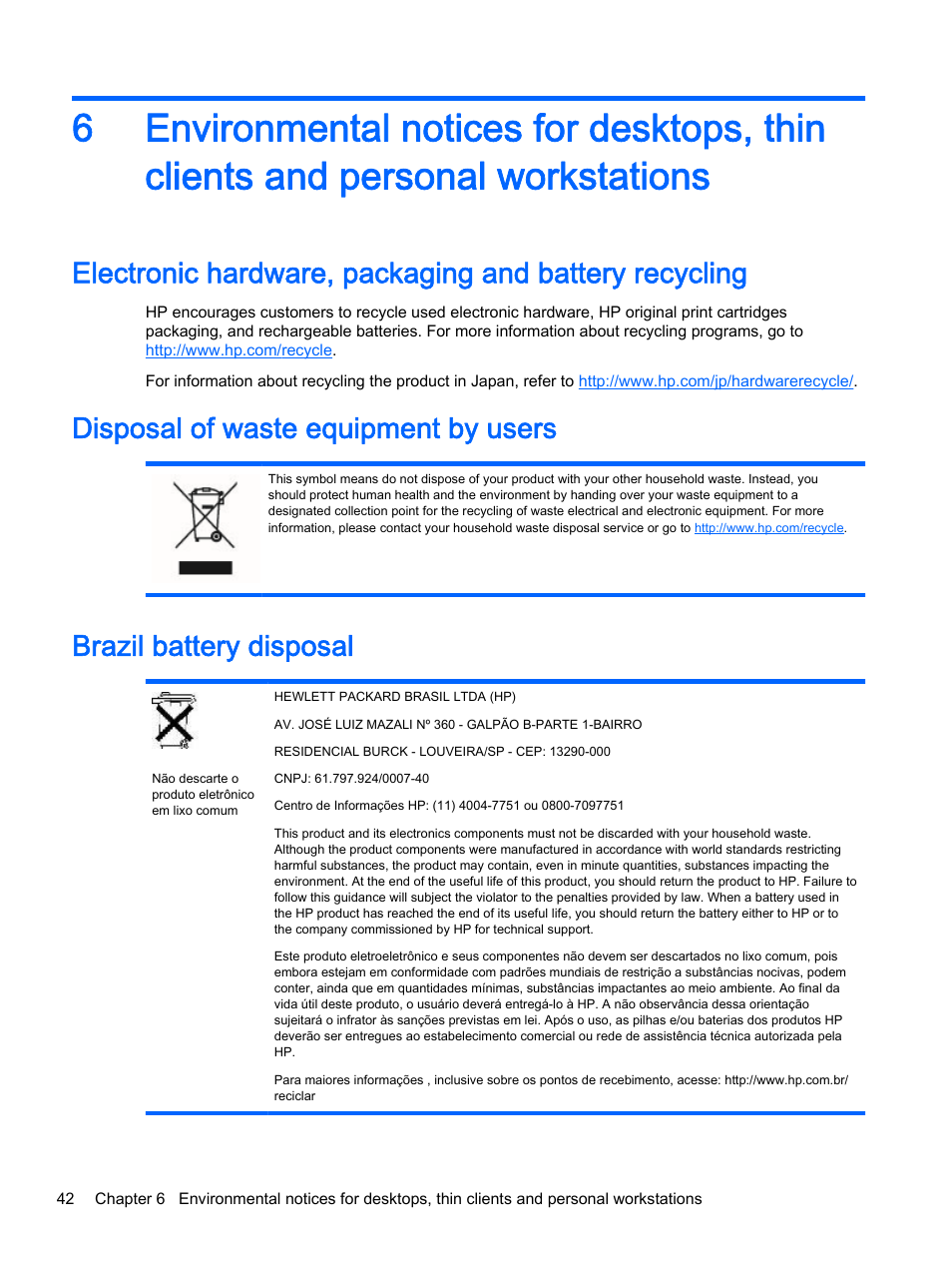 Disposal of waste equipment by users, Brazil battery disposal | HP 18-5021 All-in-One Desktop PC User Manual | Page 50 / 61