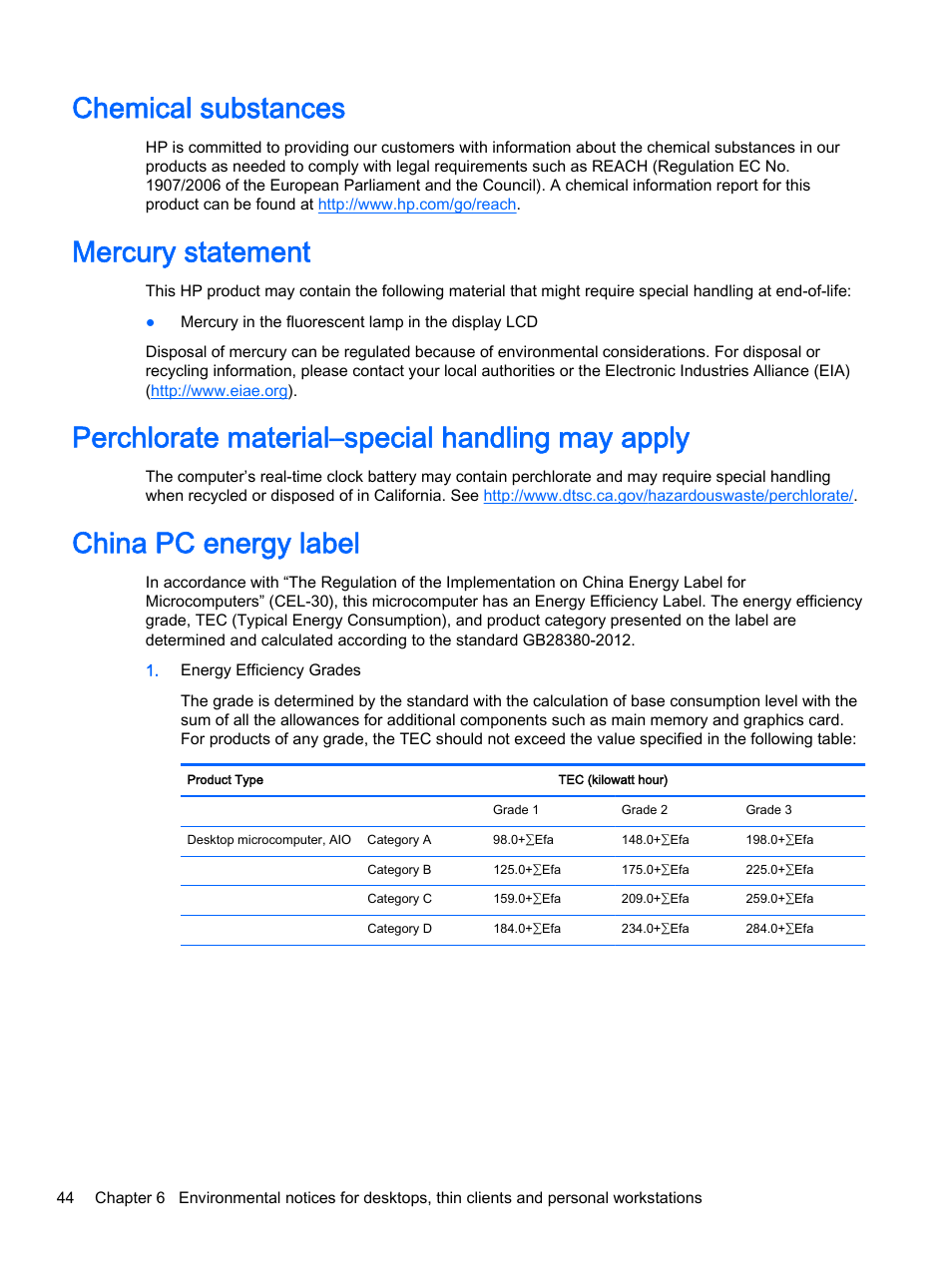 Chemical substances, Mercury statement, Perchlorate material–special handling may apply | China pc energy label | HP 18-5021 All-in-One Desktop PC User Manual | Page 52 / 61