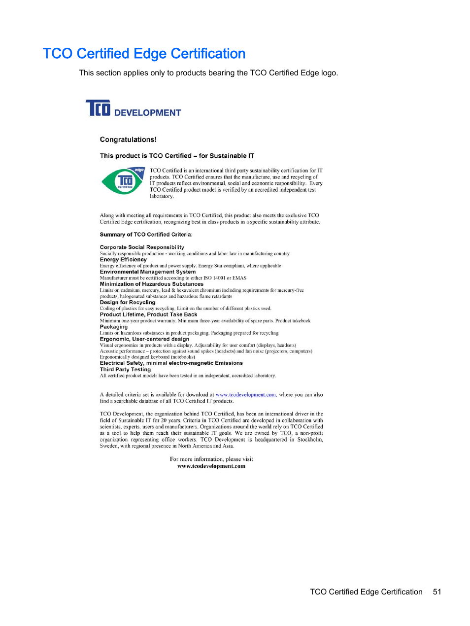 Tco certified edge certification | HP 18-5021 All-in-One Desktop PC User Manual | Page 59 / 61
