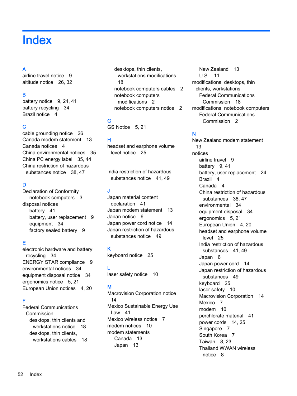 Index | HP 18-5021 All-in-One Desktop PC User Manual | Page 60 / 61