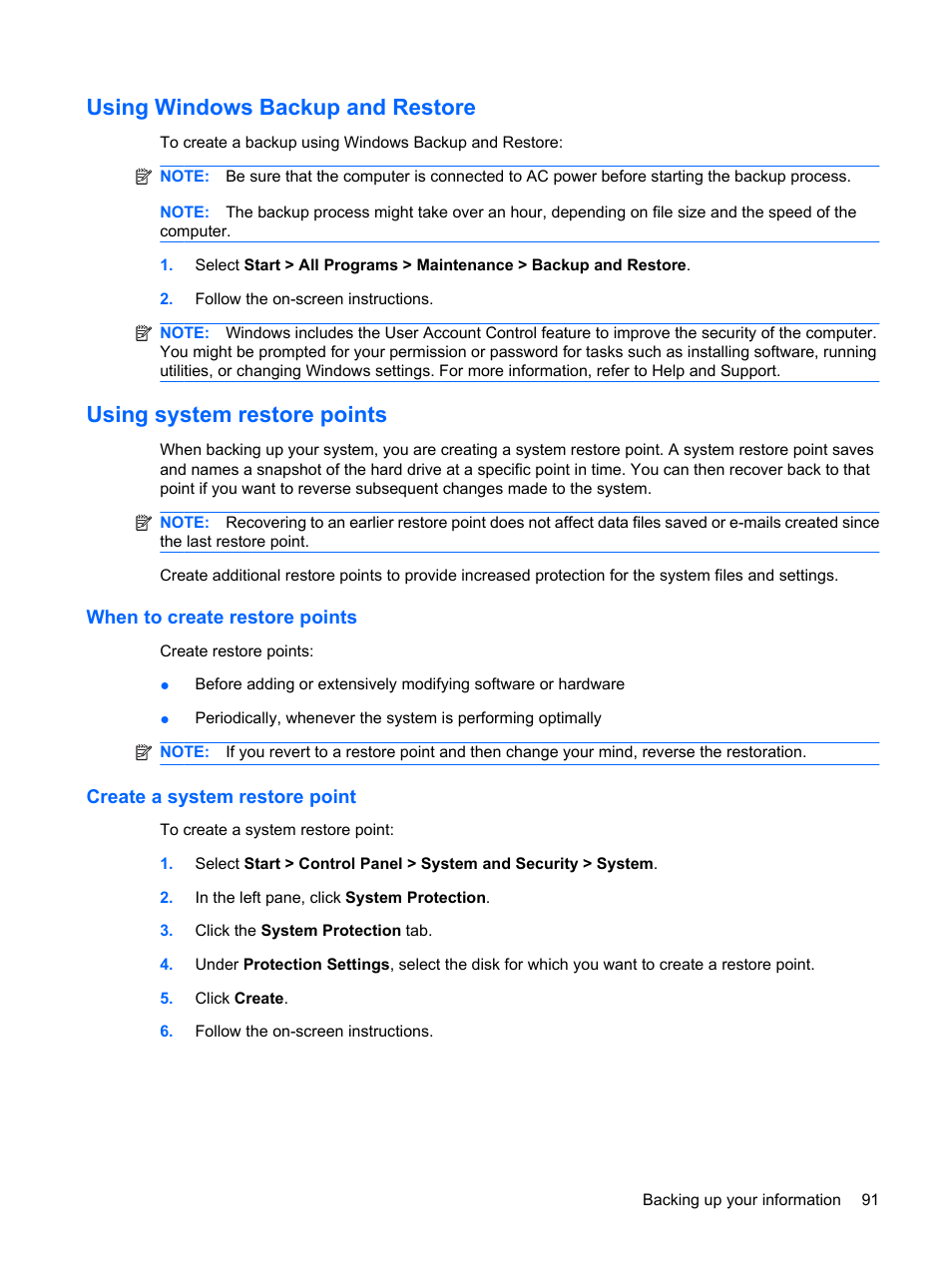Using windows backup and restore, Using system restore points, When to create restore points | Create a system restore point | HP Pavilion dm1-2001au Entertainment Notebook PC User Manual | Page 101 / 113