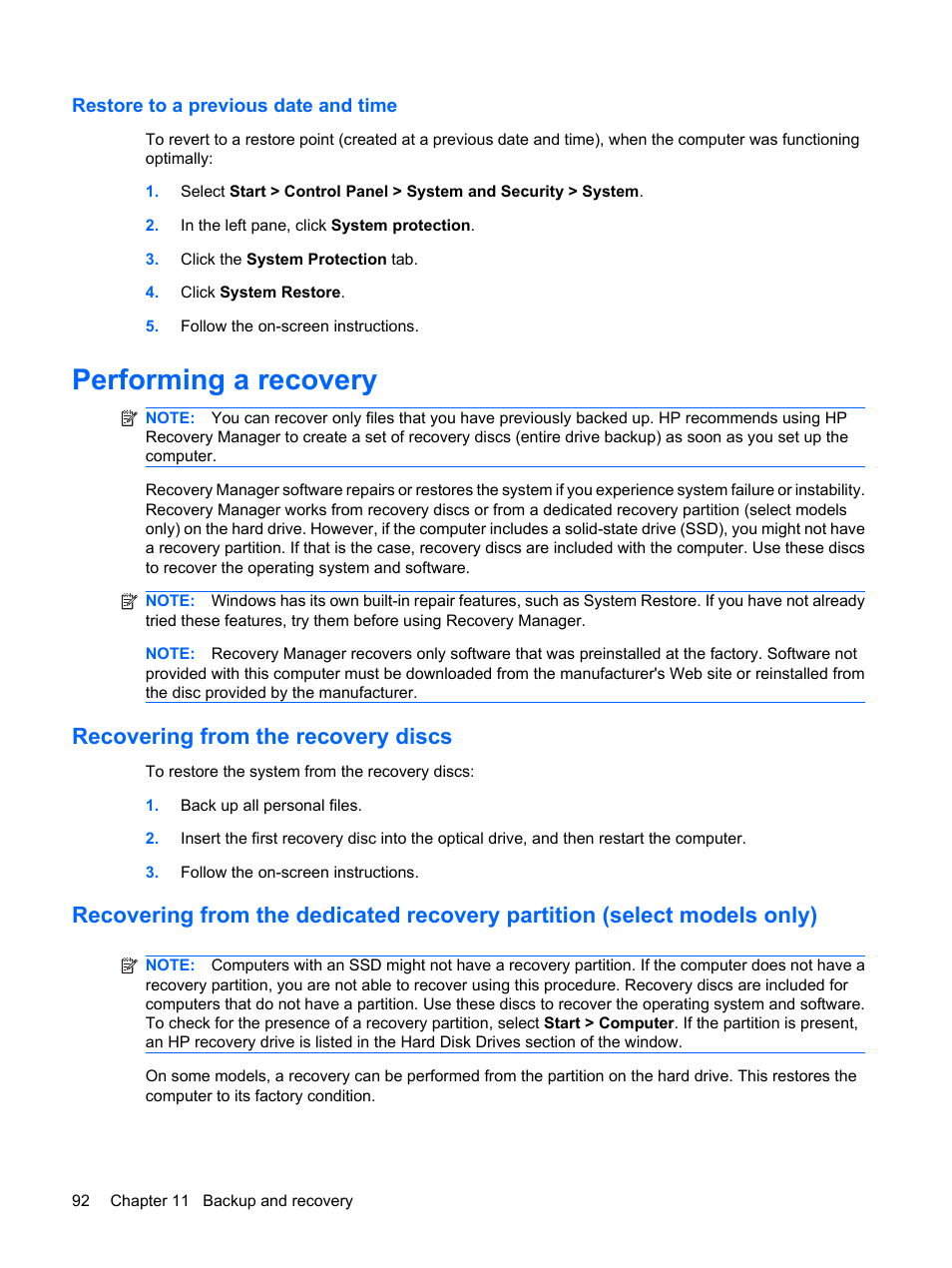 Restore to a previous date and time, Performing a recovery, Recovering from the recovery discs | HP Pavilion dm1-2001au Entertainment Notebook PC User Manual | Page 102 / 113