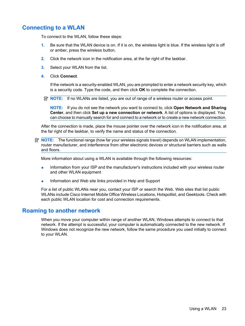 Connecting to a wlan, Roaming to another network, Connecting to a wlan roaming to another network | HP Pavilion dm1-2001au Entertainment Notebook PC User Manual | Page 33 / 113