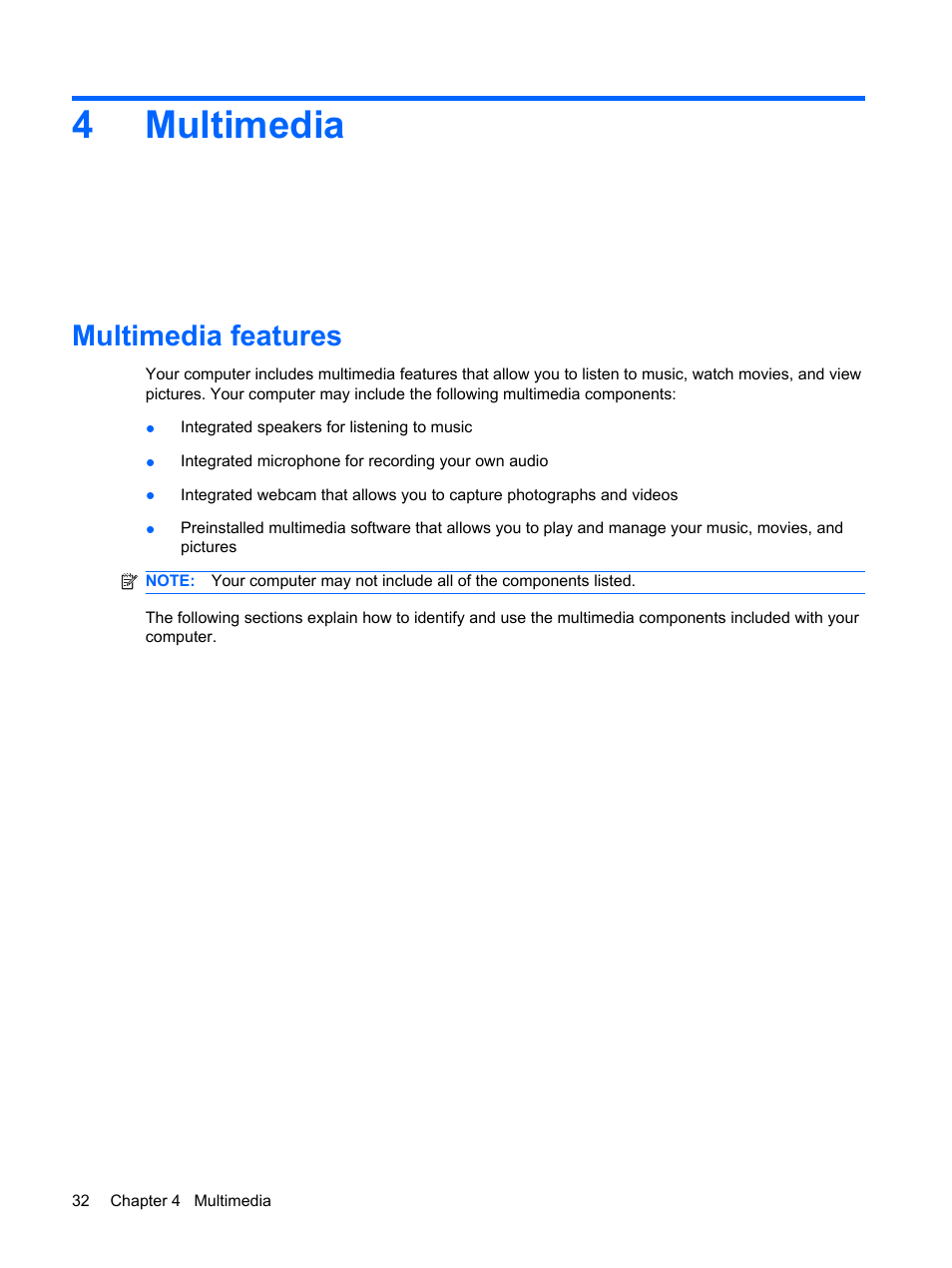 Multimedia, Multimedia features, 4 multimedia | 4multimedia | HP Pavilion dm1-2001au Entertainment Notebook PC User Manual | Page 42 / 113
