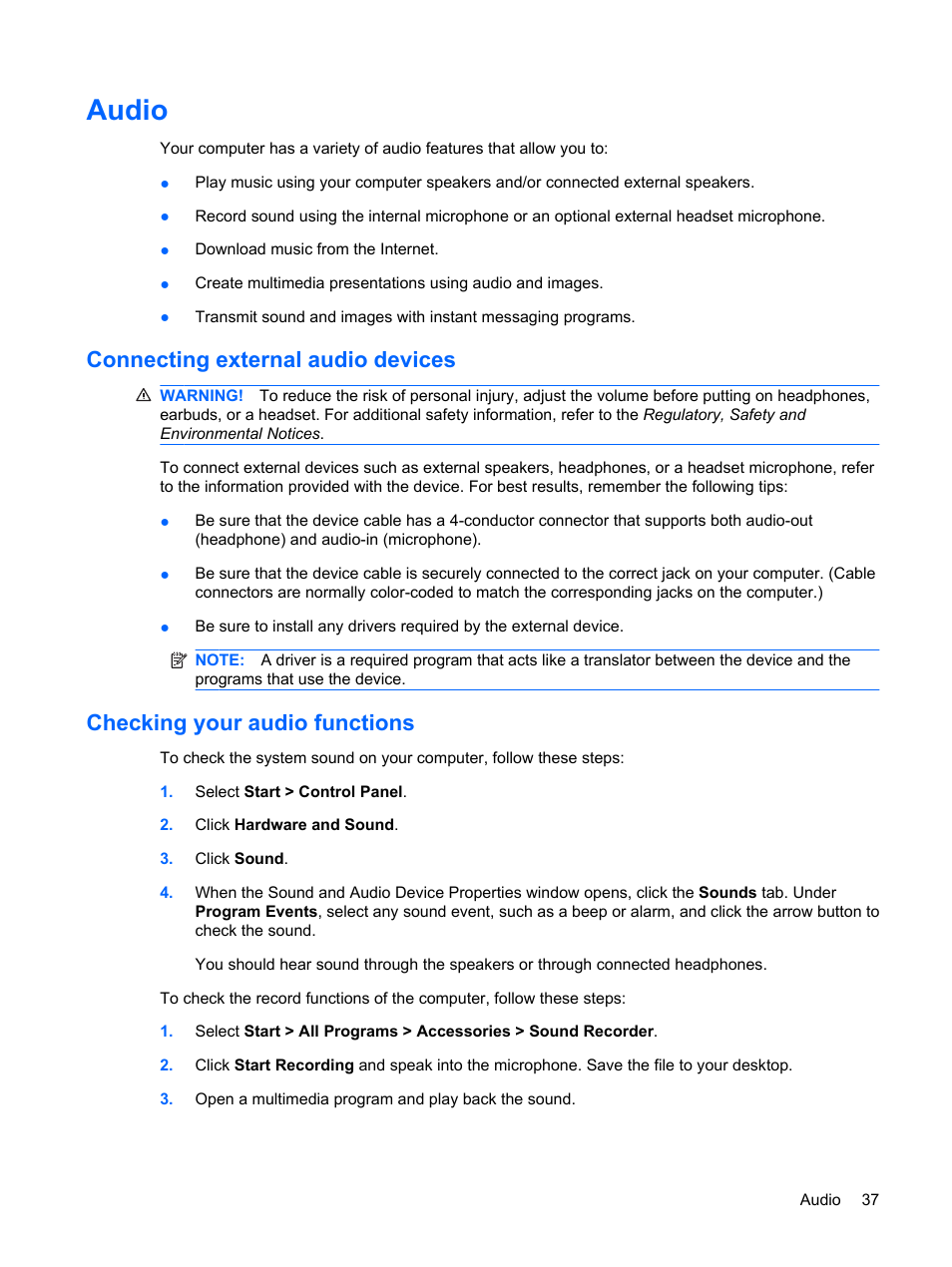 Audio, Connecting external audio devices, Checking your audio functions | HP Pavilion dm1-2001au Entertainment Notebook PC User Manual | Page 47 / 113