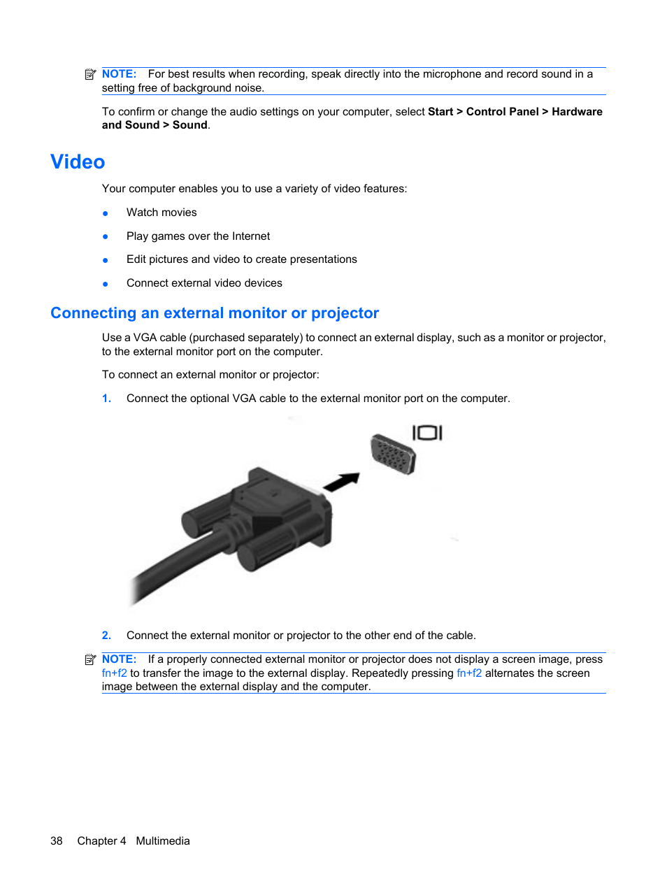 Video, Connecting an external monitor or projector | HP Pavilion dm1-2001au Entertainment Notebook PC User Manual | Page 48 / 113
