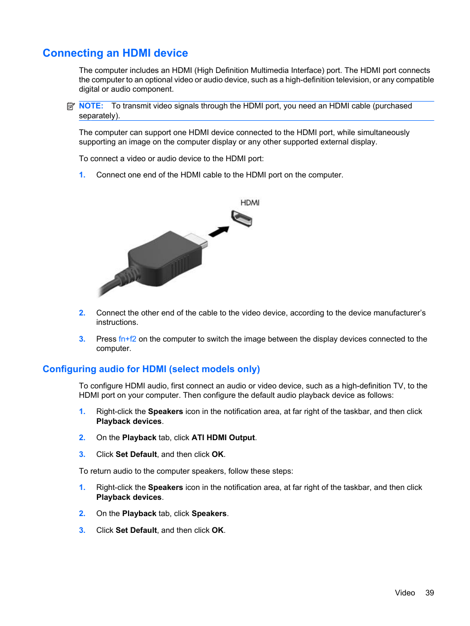 Connecting an hdmi device, Configuring audio for hdmi (select models only) | HP Pavilion dm1-2001au Entertainment Notebook PC User Manual | Page 49 / 113